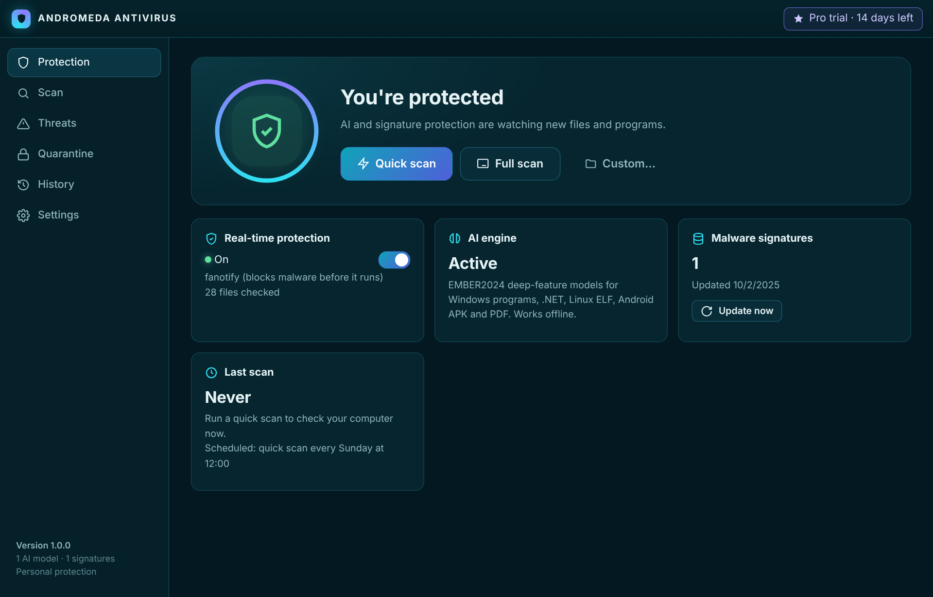 Andromeda Antivirus dashboard showing real-time protection on and a clean system