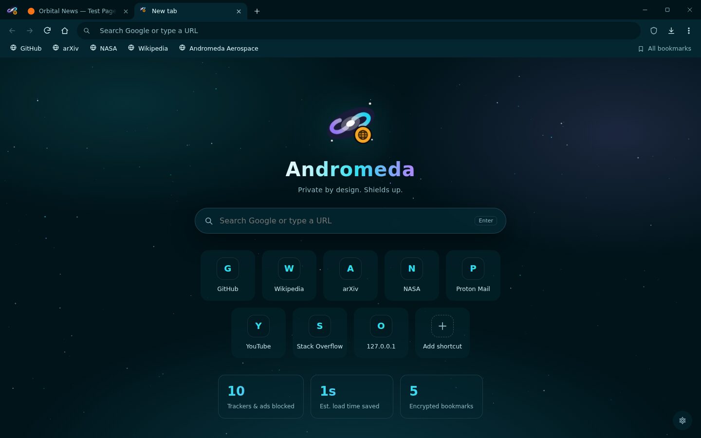 Andromeda Browser start page
