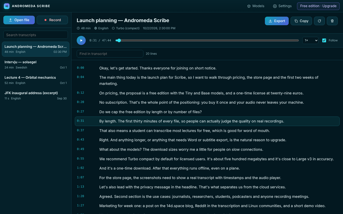 Andromeda Scribe showing a transcript with timestamps next to an audio player